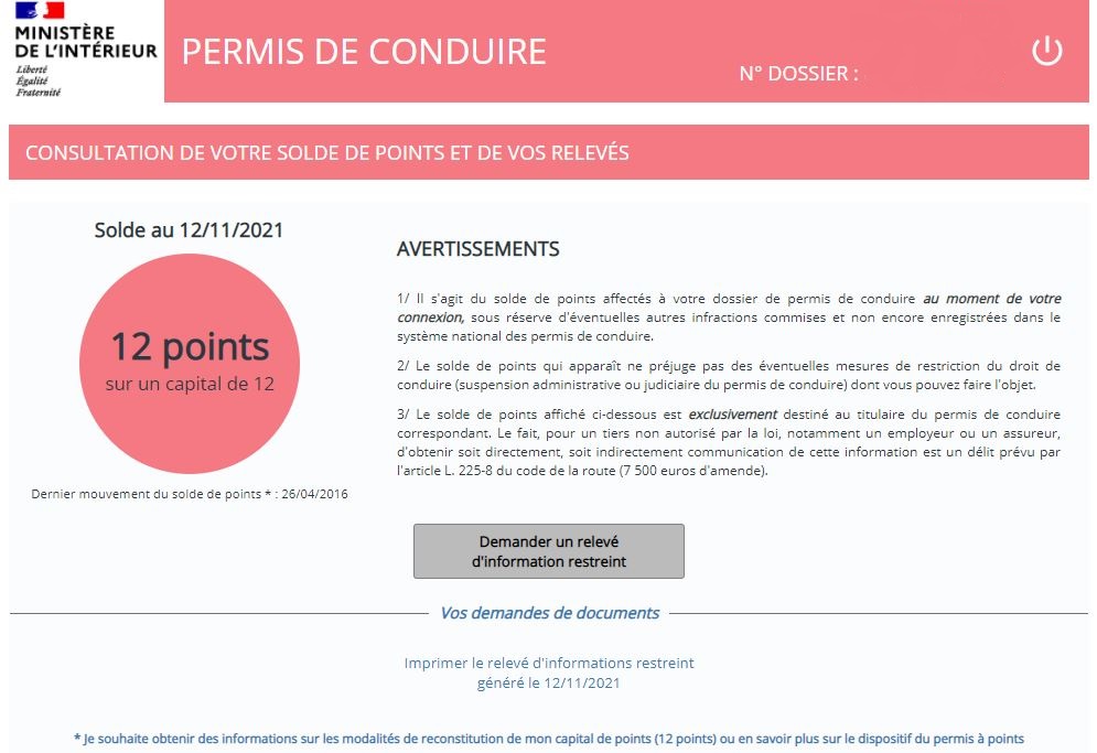 La plateforme télépoints permet la consultation du solde de points